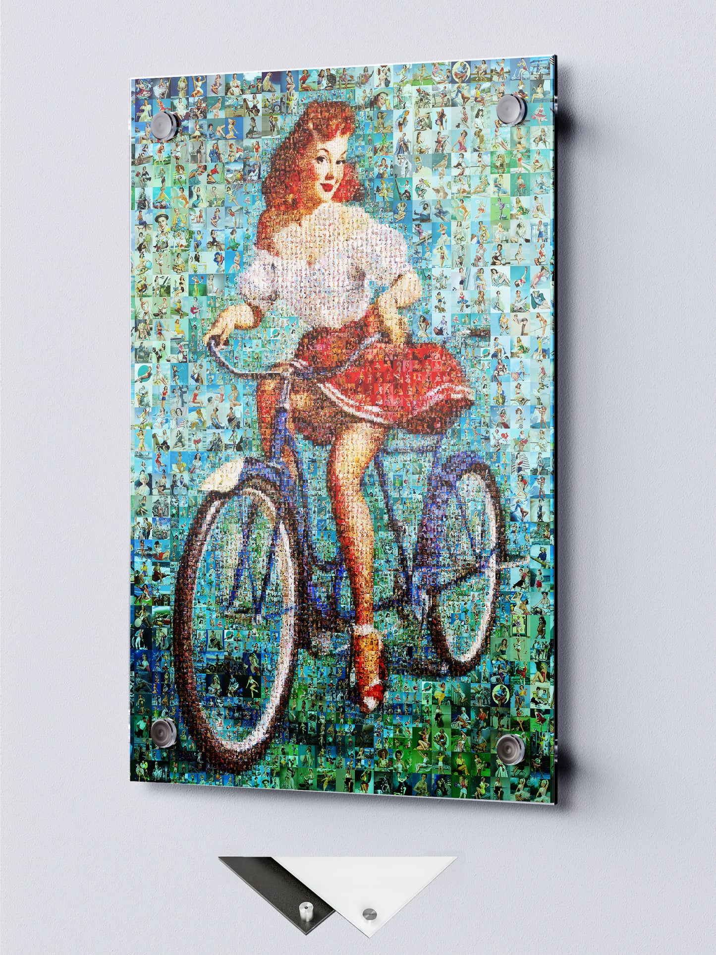 Pin-Up Girl on Bicycle Mosaic Poster – Vintage Retro Cycling Art Print