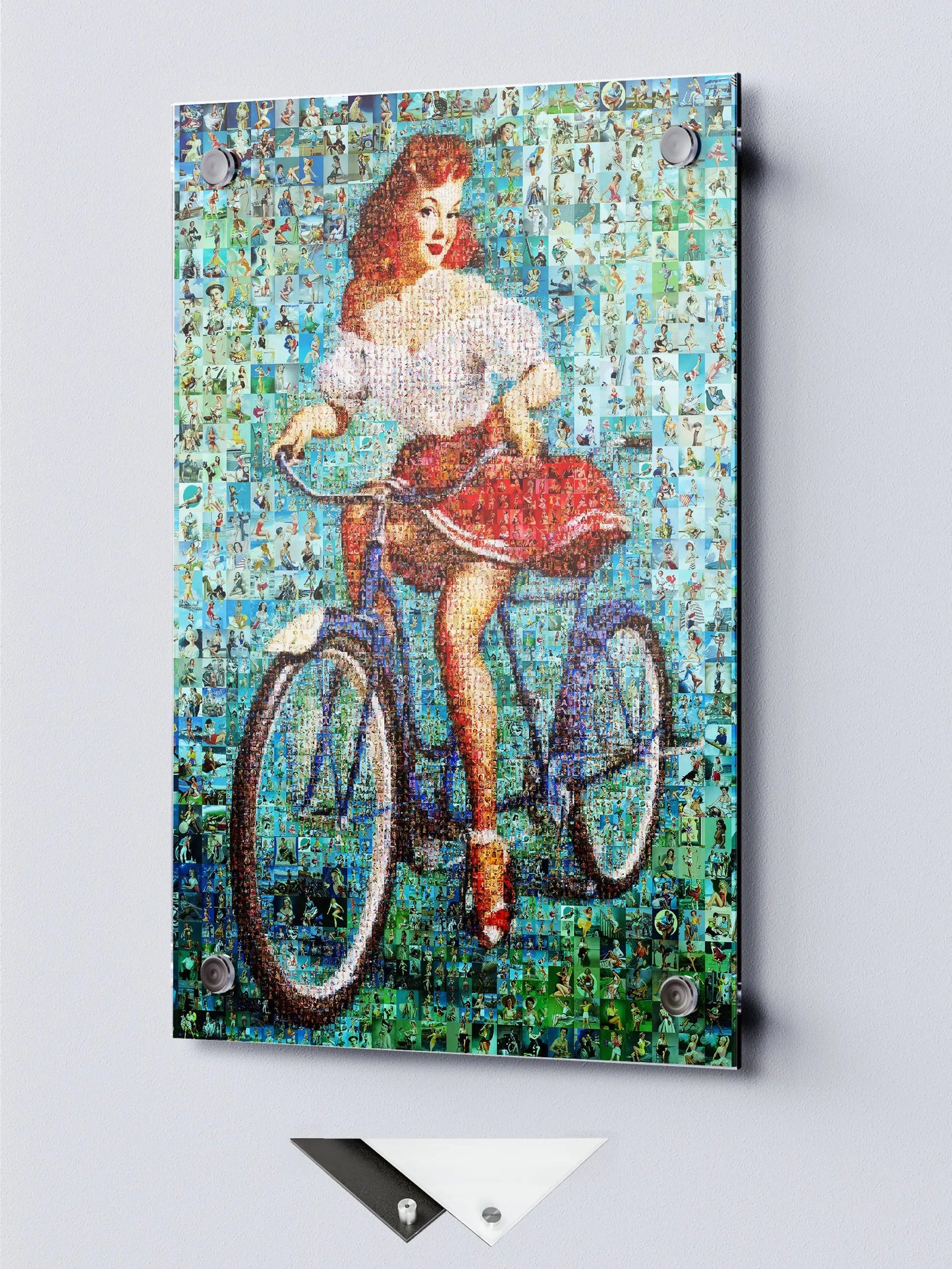 Pin-Up Girl on Bicycle Mosaic Poster – Vintage Retro Cycling Art Print AtelierMosaics
