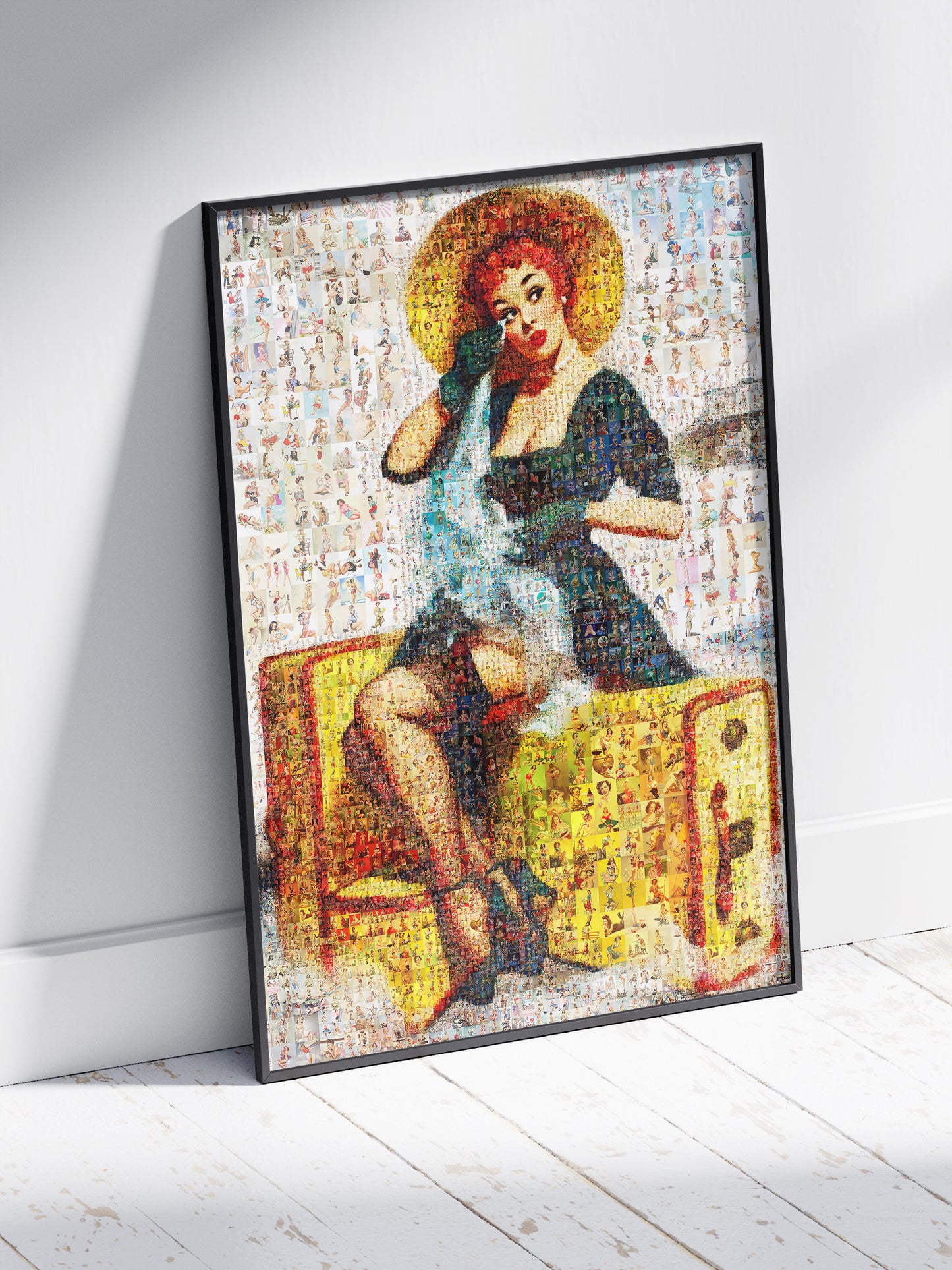 Pin-Up Travel Girl Mosaic Poster – Vintage Luggage Retro Wall Art