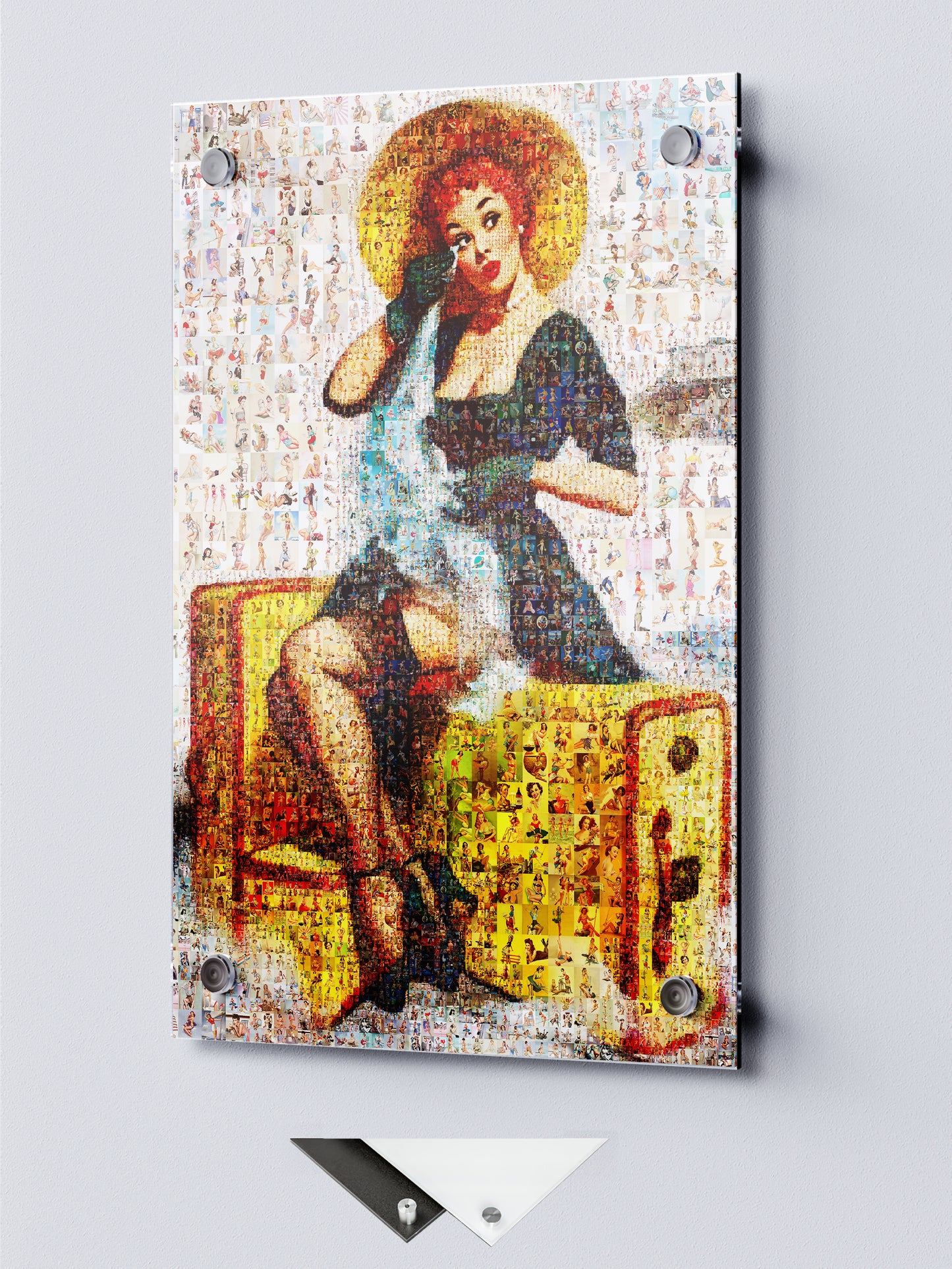 Pin-Up Travel Girl Mosaic Poster – Vintage Luggage Retro Wall Art