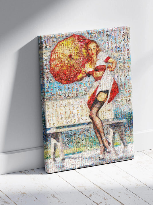 Pin-Up Girl with Umbrella Mosaic Poster – Retro Summer Wall Art AtelierMosaics