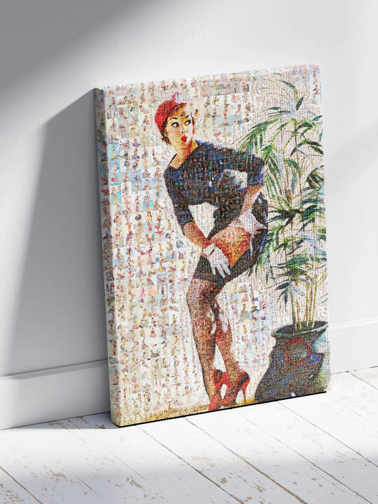 Pin-Up Girl Behind Plant Mosaic Poster – Retro Vintage Wall Art AtelierMosaics