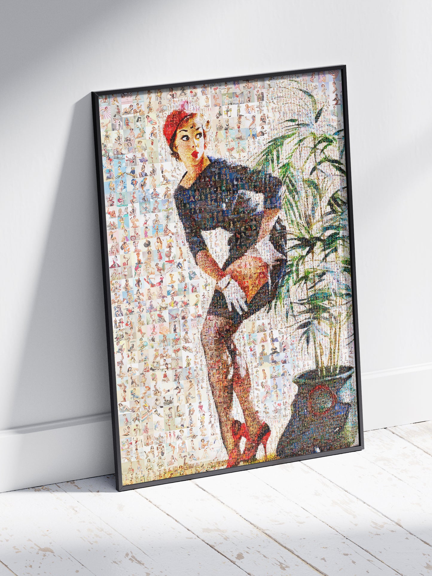Pin-Up Girl Behind Plant Mosaic Poster – Retro Vintage Wall Art