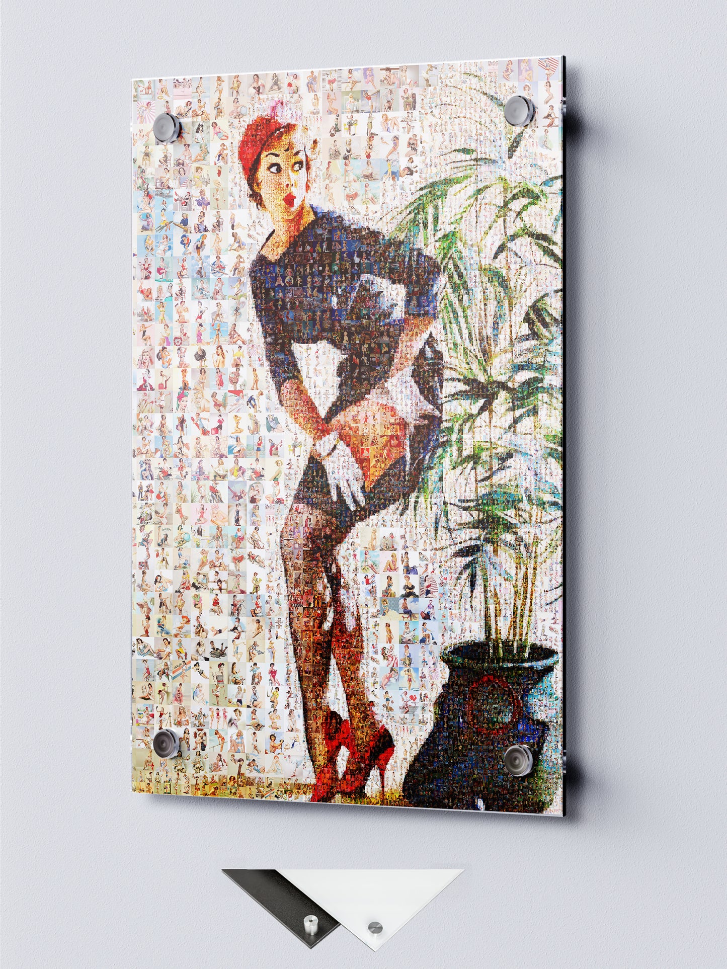 Pin-Up Girl Behind Plant Mosaic Poster – Retro Vintage Wall Art