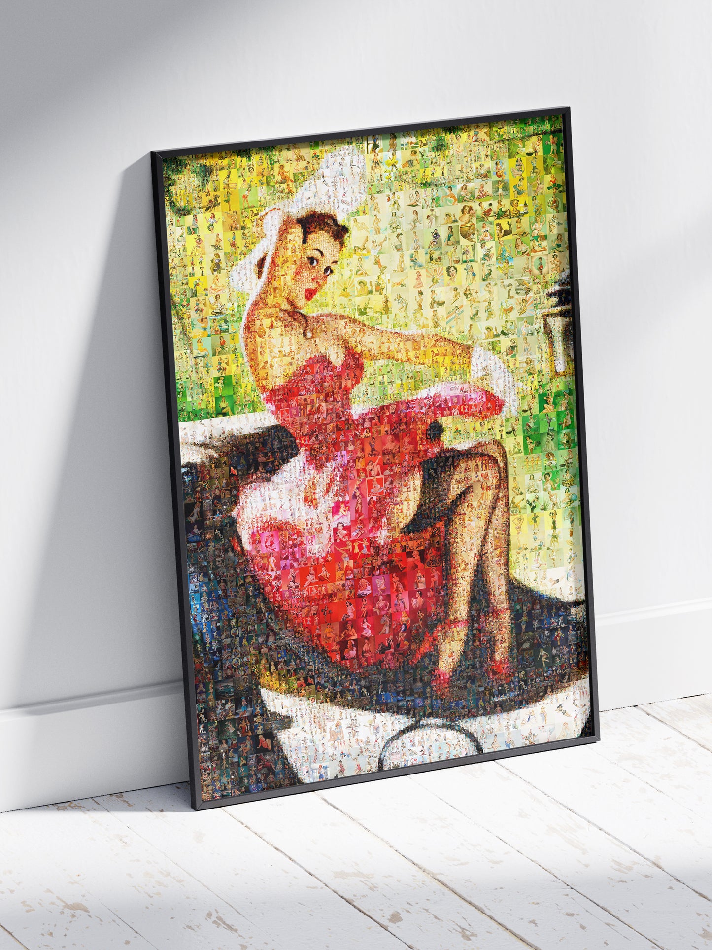 Red Dress Pin-Up Mosaic Poster – Vintage Car Girl Wall Art