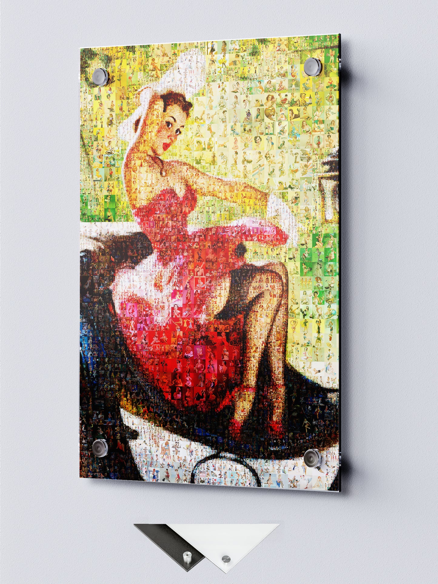 Red Dress Pin-Up Mosaic Poster – Vintage Car Girl Wall Art