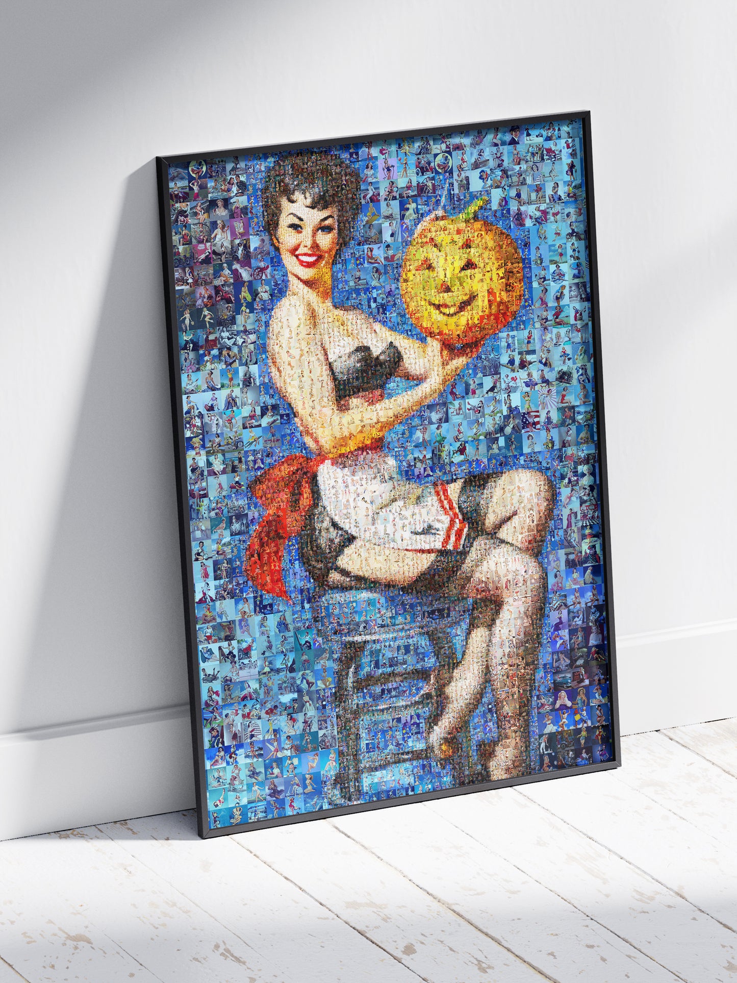 Halloween Pin-Up Mosaic Poster – Vintage Girl with Pumpkin Wall Art