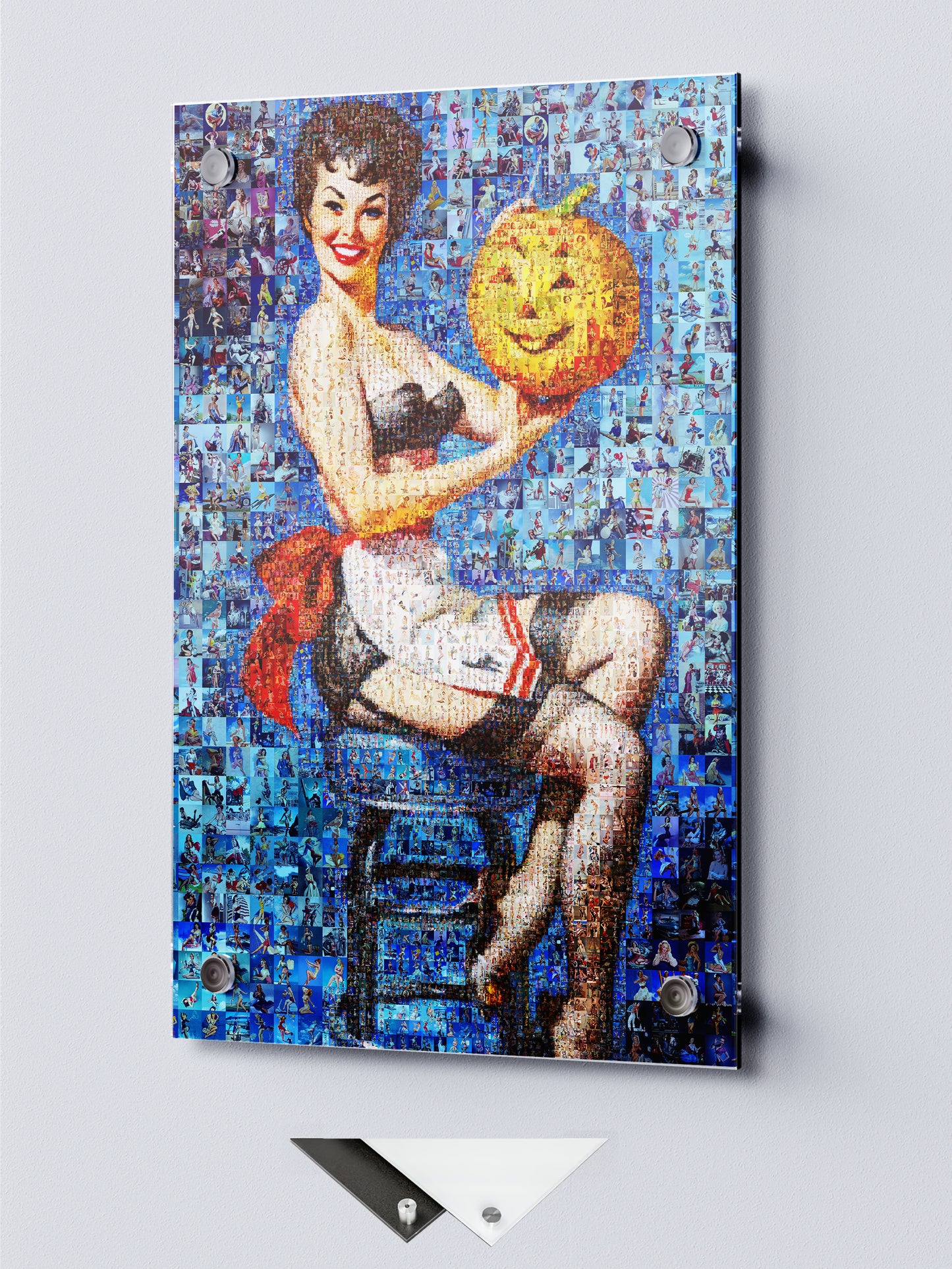 Halloween Pin-Up Mosaic Poster – Vintage Girl with Pumpkin Wall Art