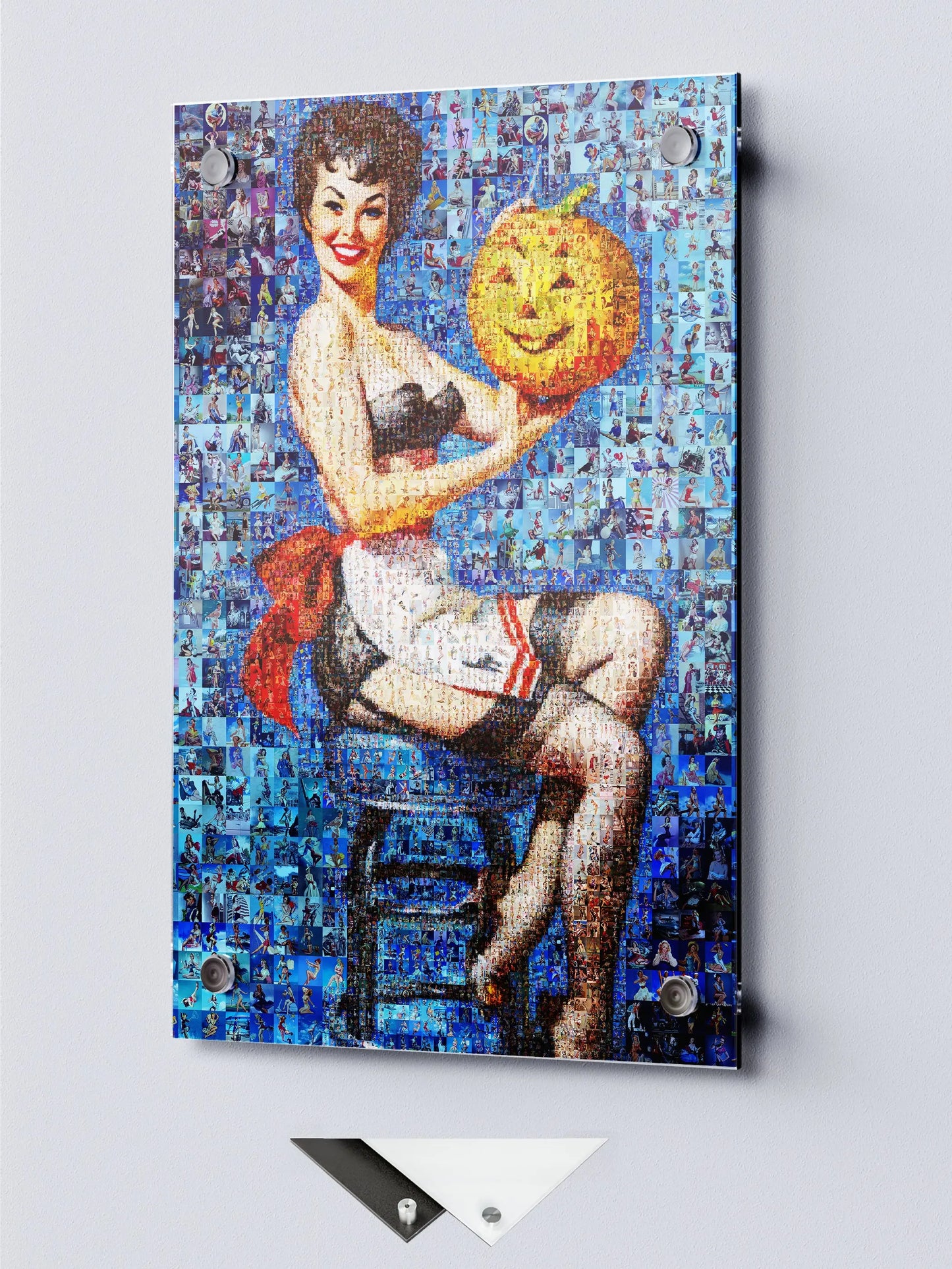 Halloween Pin-Up Mosaic Poster – Vintage Girl with Pumpkin Wall Art AtelierMosaics