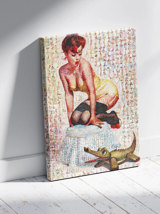 Playful Pin-Up Mosaic Poster – Retro Girl with Toy Crocodile, Vintage Wall Art Made from Classic Pin-Up Illustrations AtelierMosaics