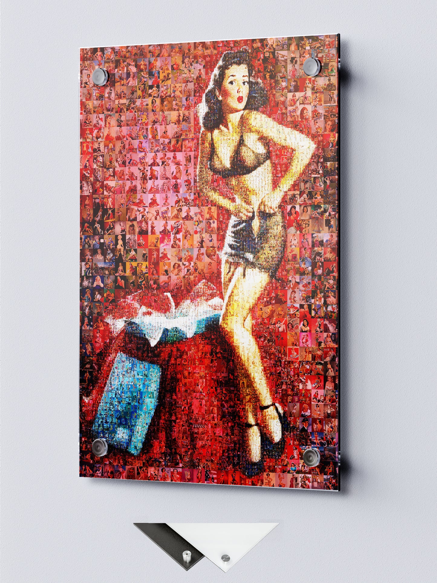 Sexy Pin-Up Mosaic Poster – Vintage Girl on Red Bed Wall Art
