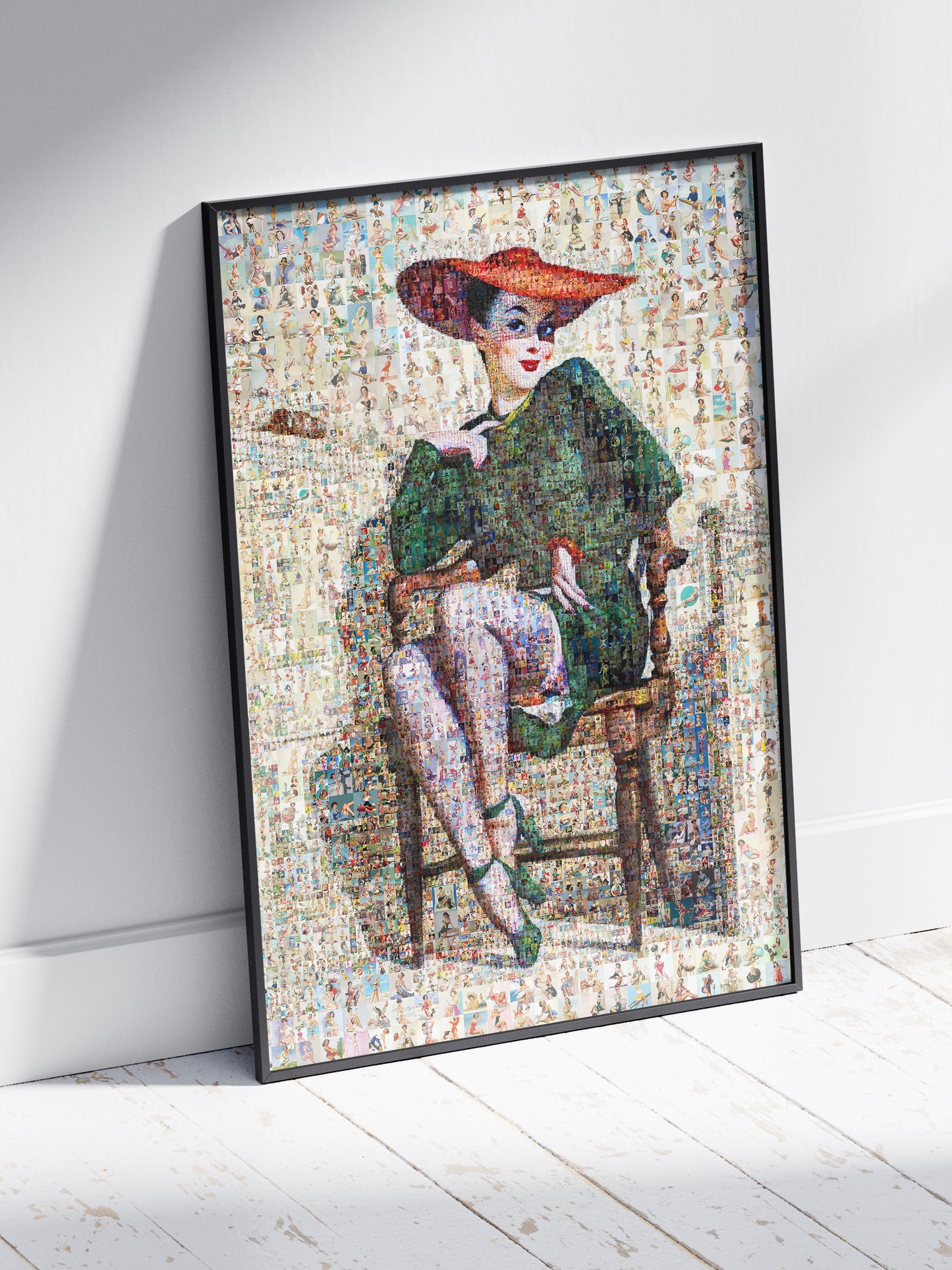 Elegant Pin-Up Mosaic Poster – Retro Lady in Red Hat Wall Art