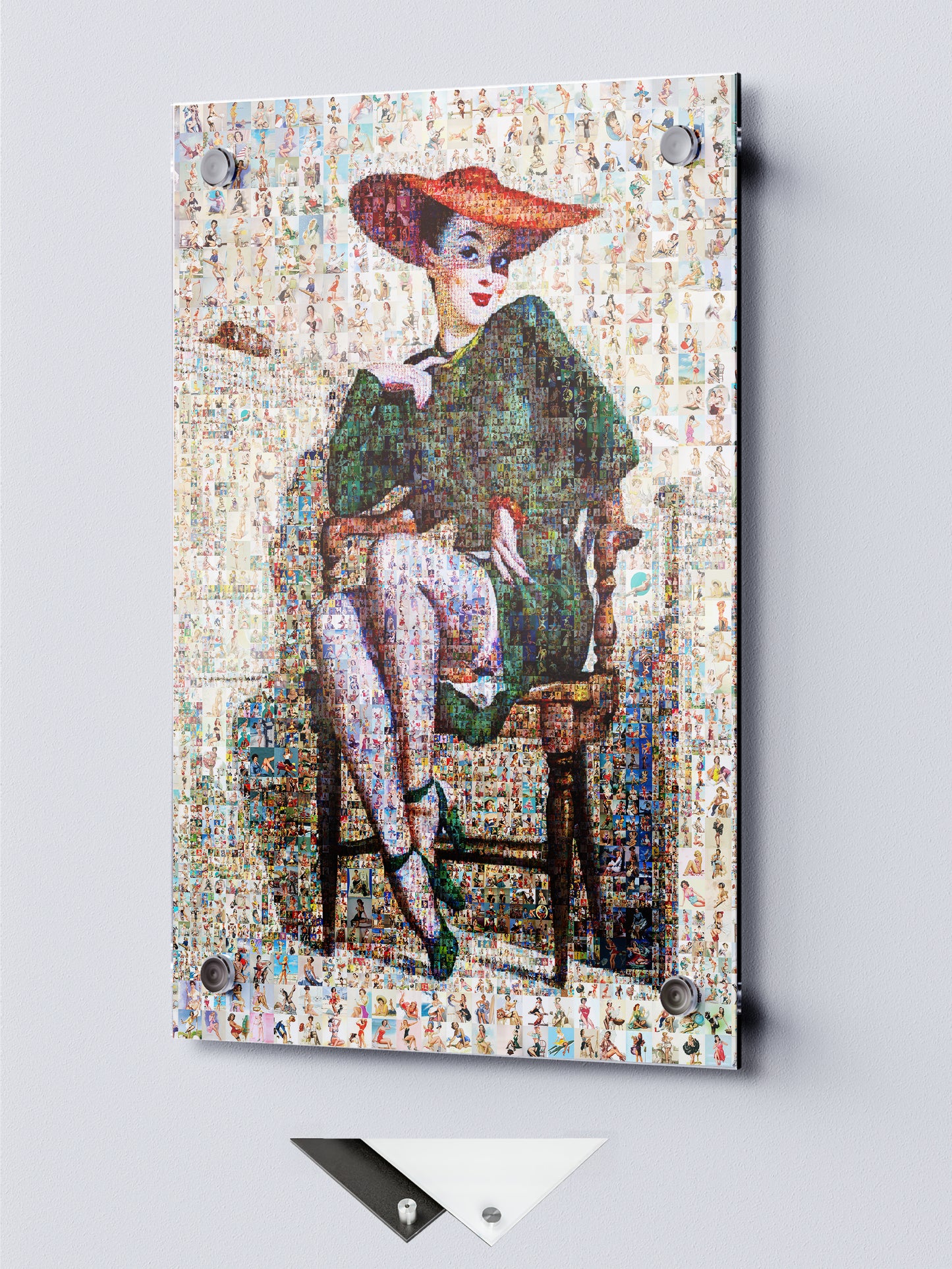 Elegant Pin-Up Mosaic Poster – Retro Lady in Red Hat Wall Art
