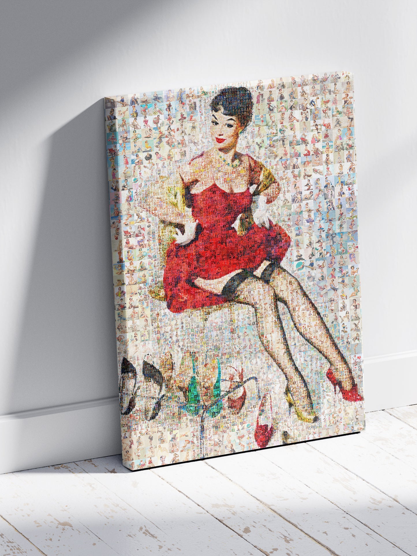 Vintage Pin-Up Mosaic Poster – Retro Lady in Red Dress Wall Art