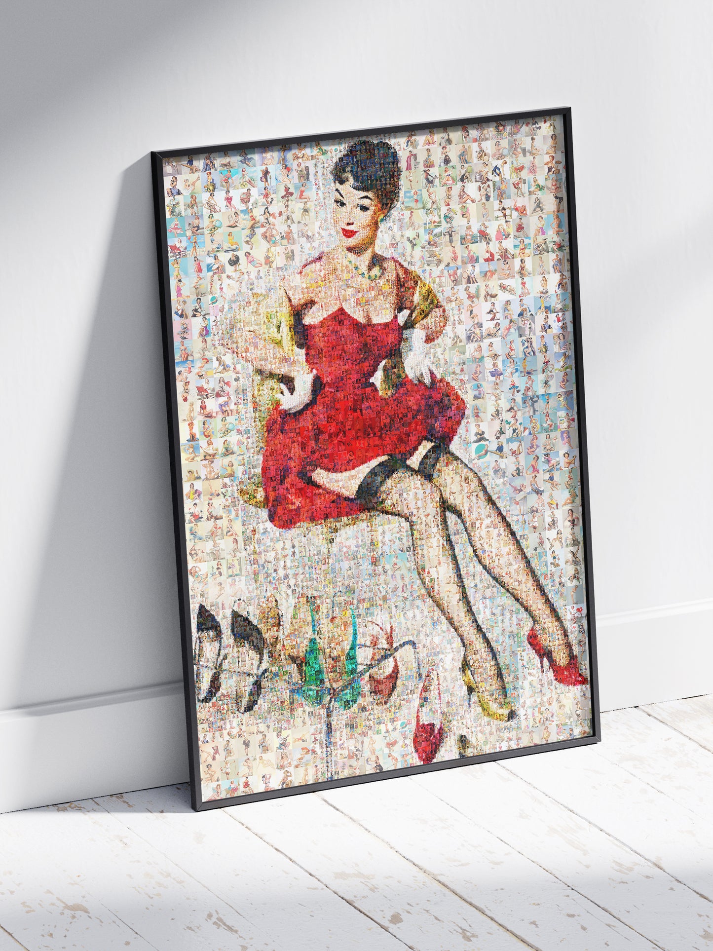 Vintage Pin-Up Mosaic Poster – Retro Lady in Red Dress Wall Art