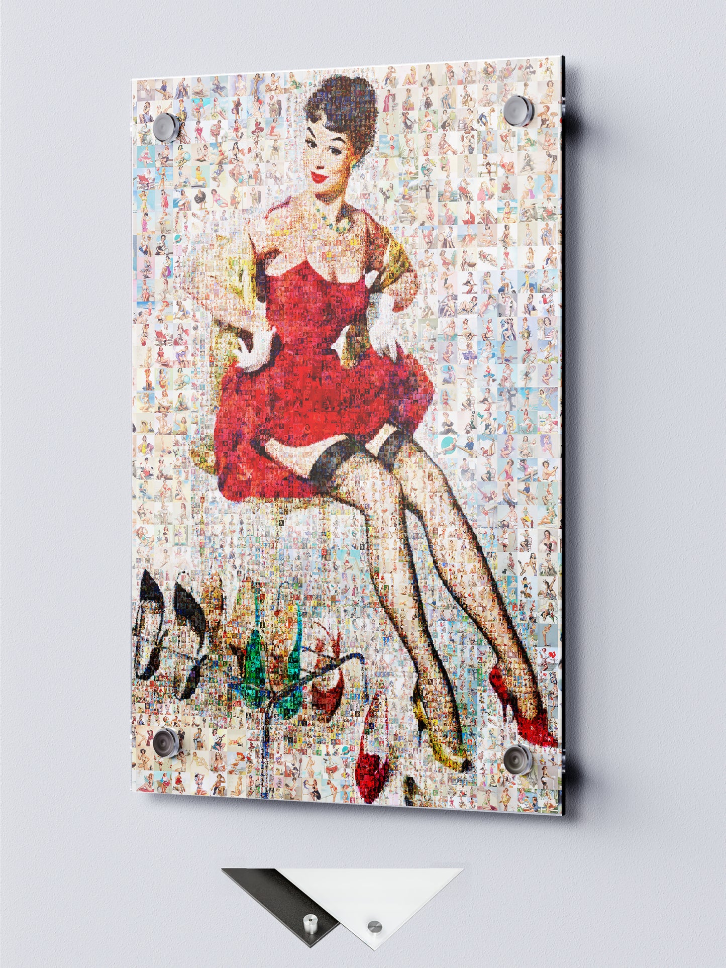Vintage Pin-Up Mosaic Poster – Retro Lady in Red Dress Wall Art