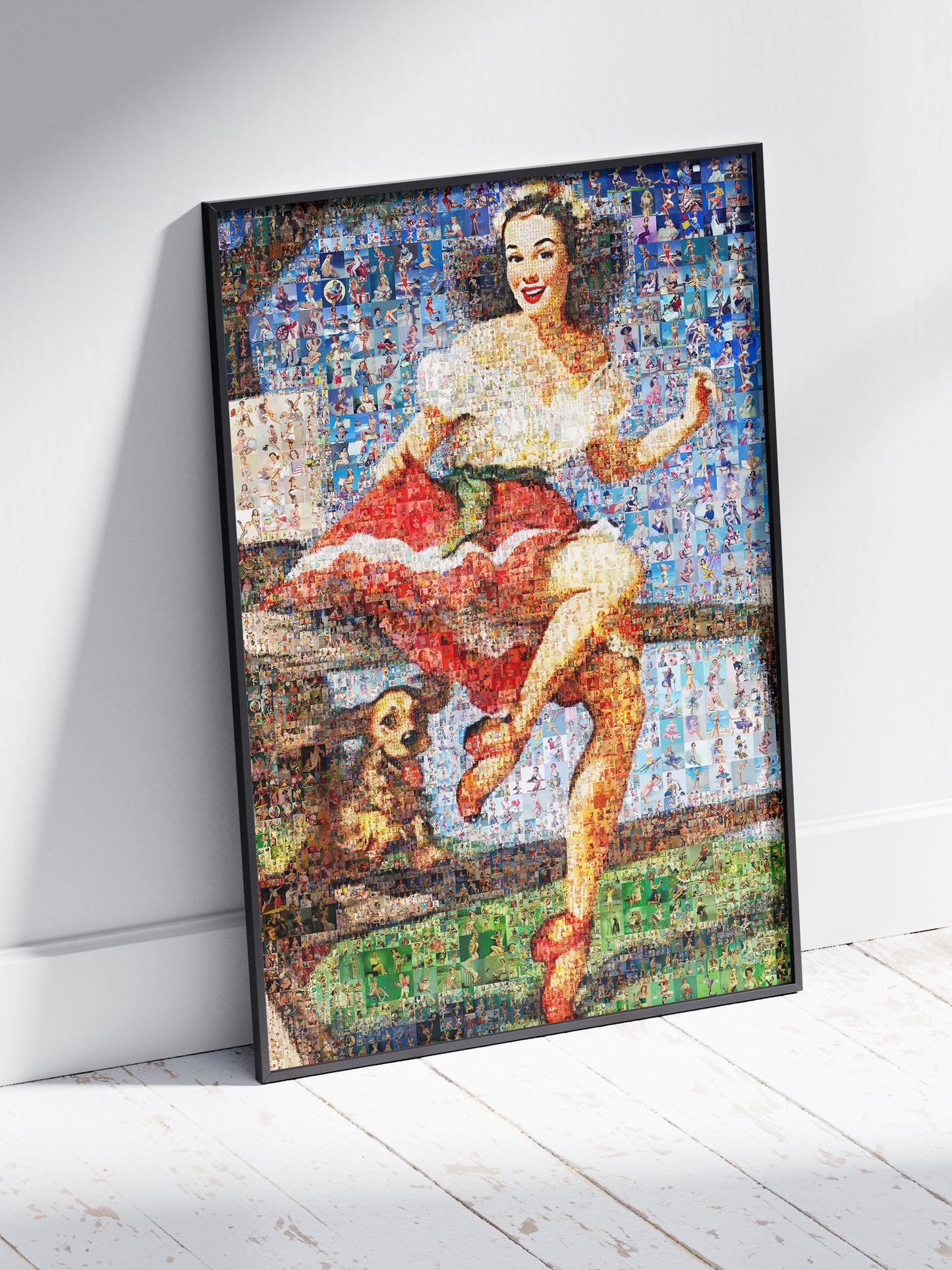Vintage Pin-Up Mosaic Poster – Playful Retro Lady with Dog Wall Art