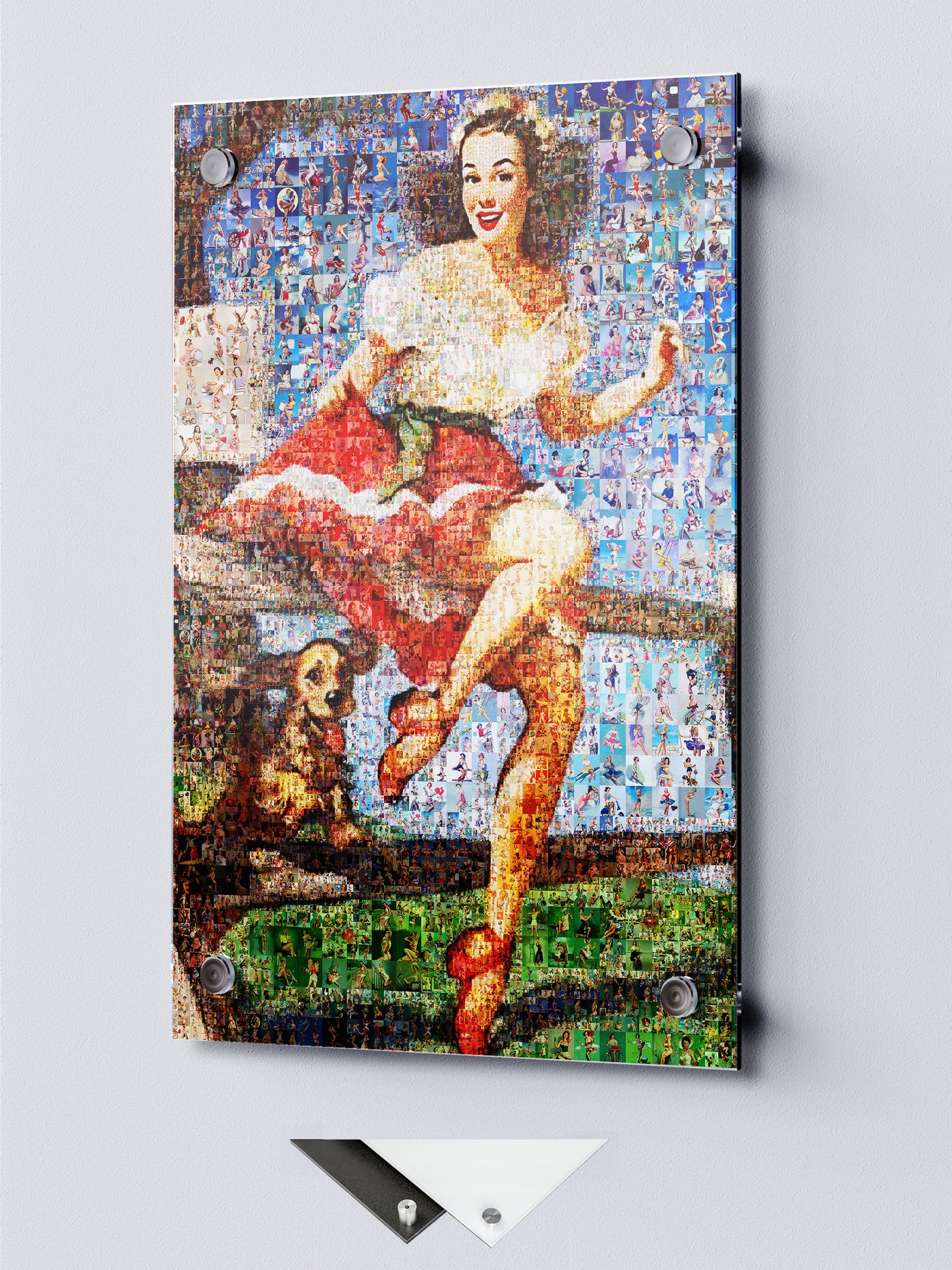 Vintage Pin-Up Mosaic Poster – Playful Retro Lady with Dog Wall Art