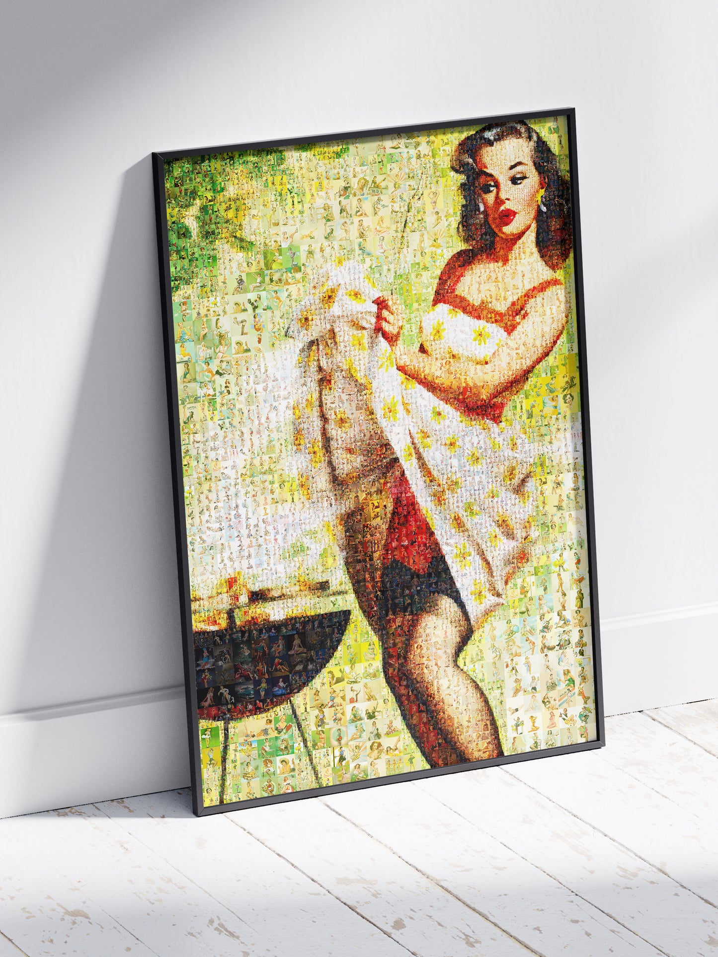 Summer Pin-Up Mosaic Poster – Retro BBQ Girl Wall Art Made from Vintage Pin-Up Illustrations, Unique Retro Decor