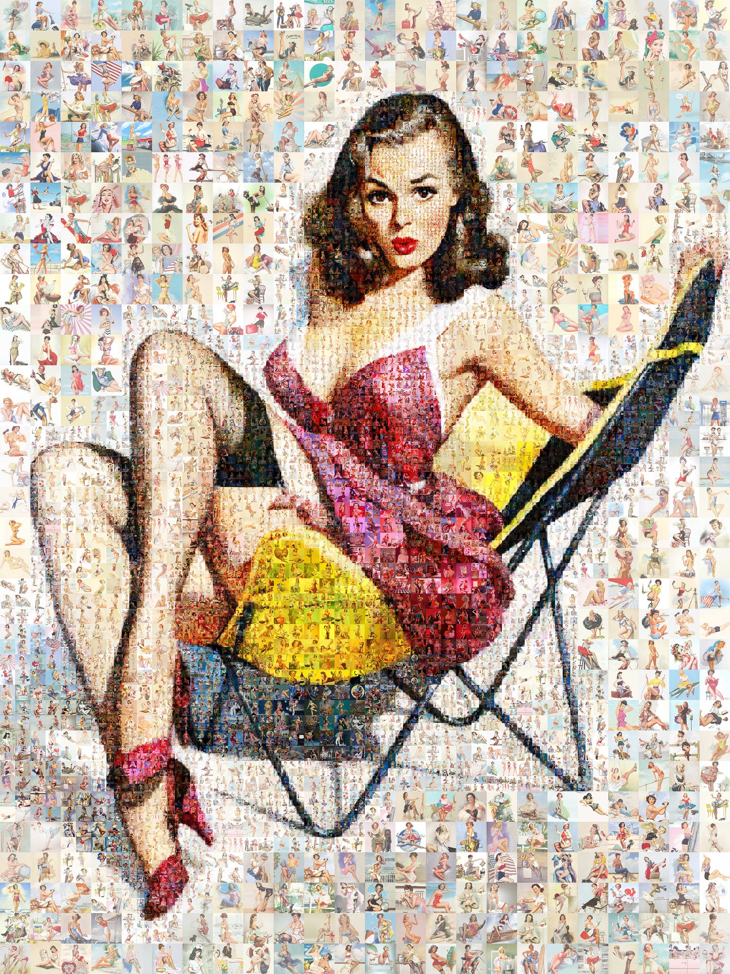 Retro Pin-Up Mosaic Poster – Glamorous Girl in Pink Dress, Vintage Wall Art Made from Classic Pin-Up Illustrations
