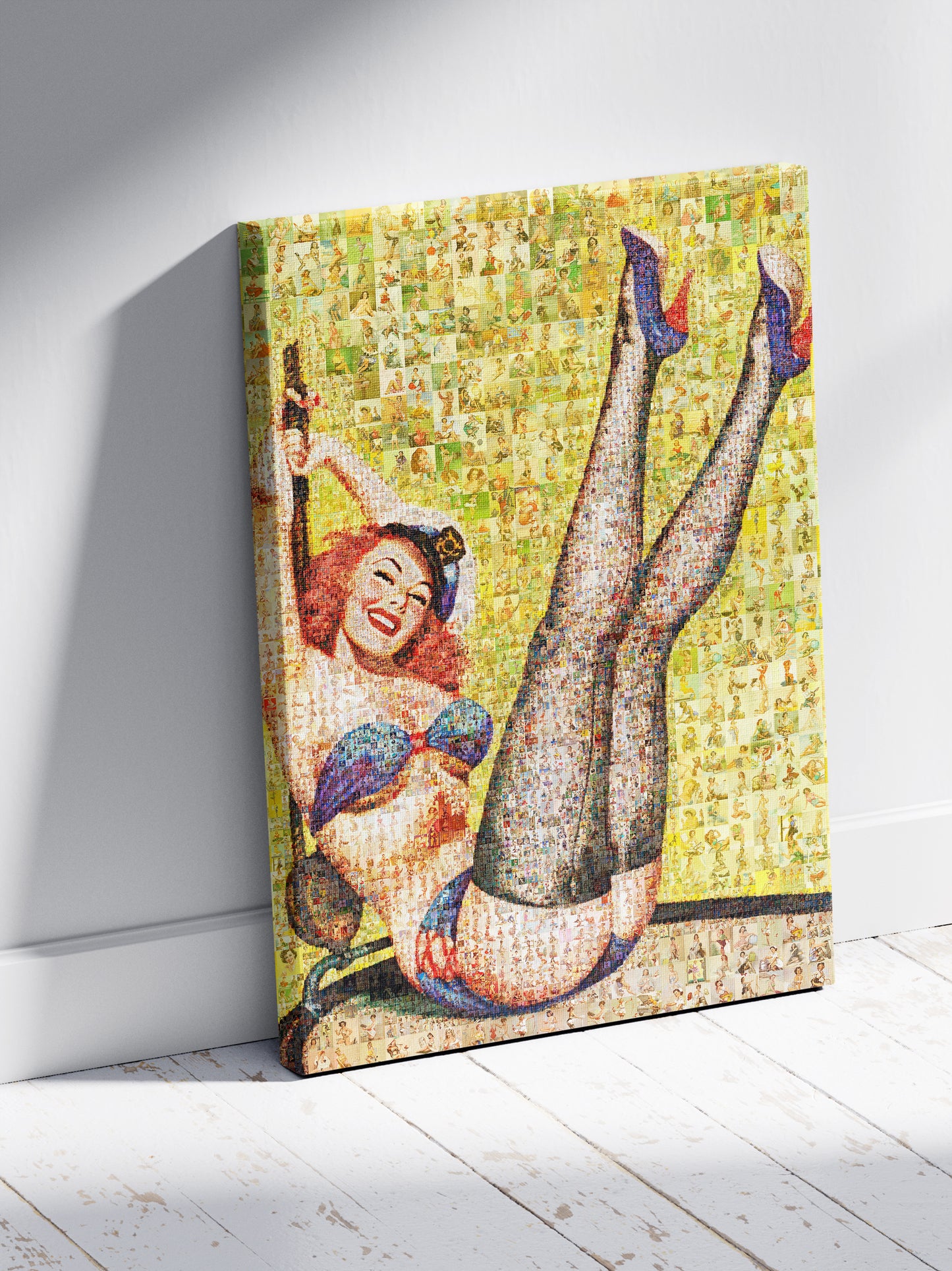 Vibrant Mosaic Artwork of Retro Pin-Up Girl | Unique Wall Art for Home Decor