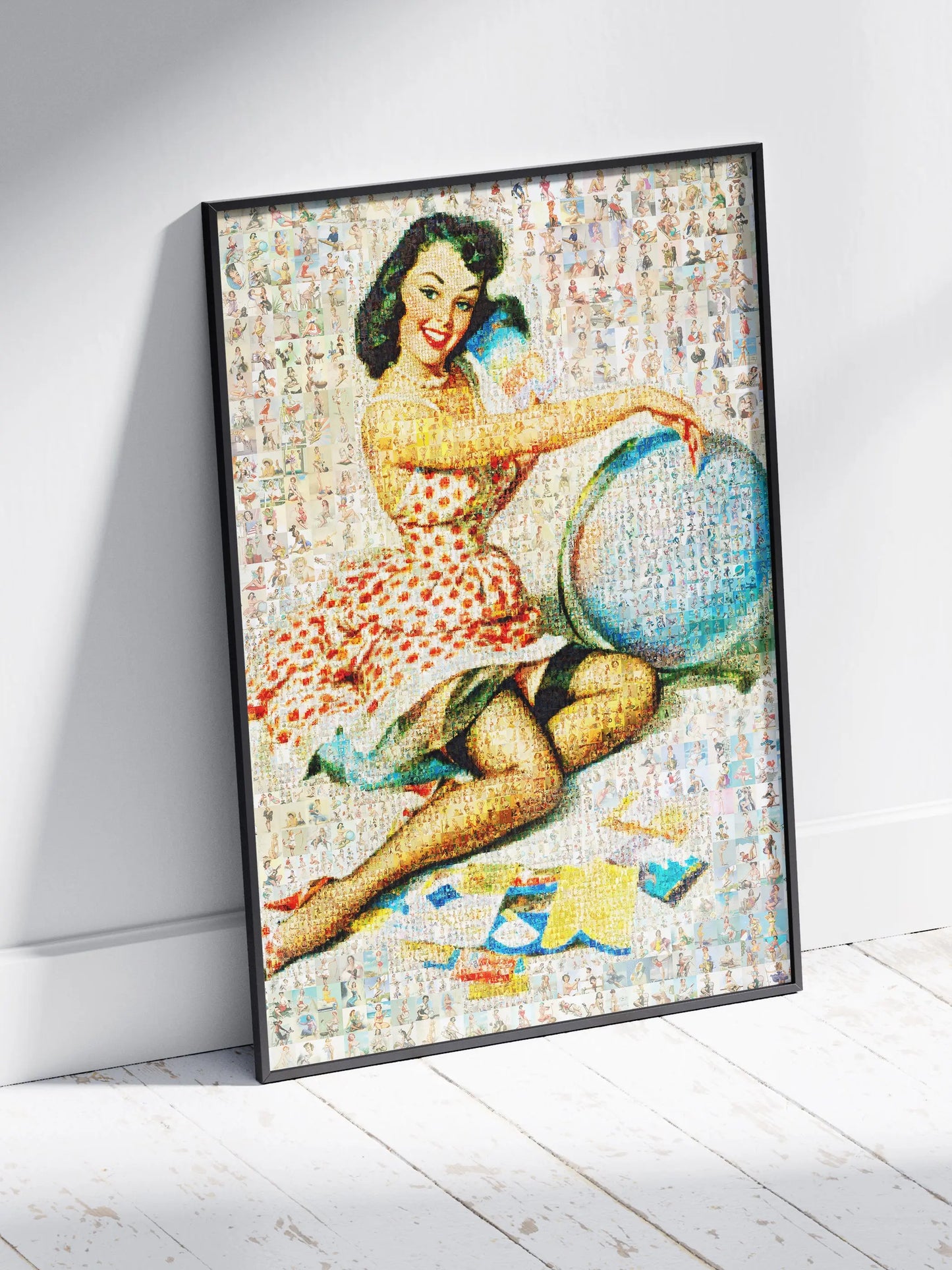 Framed custom mosaic art print of a pin-up woman in a polka dot dress, displayed on floor