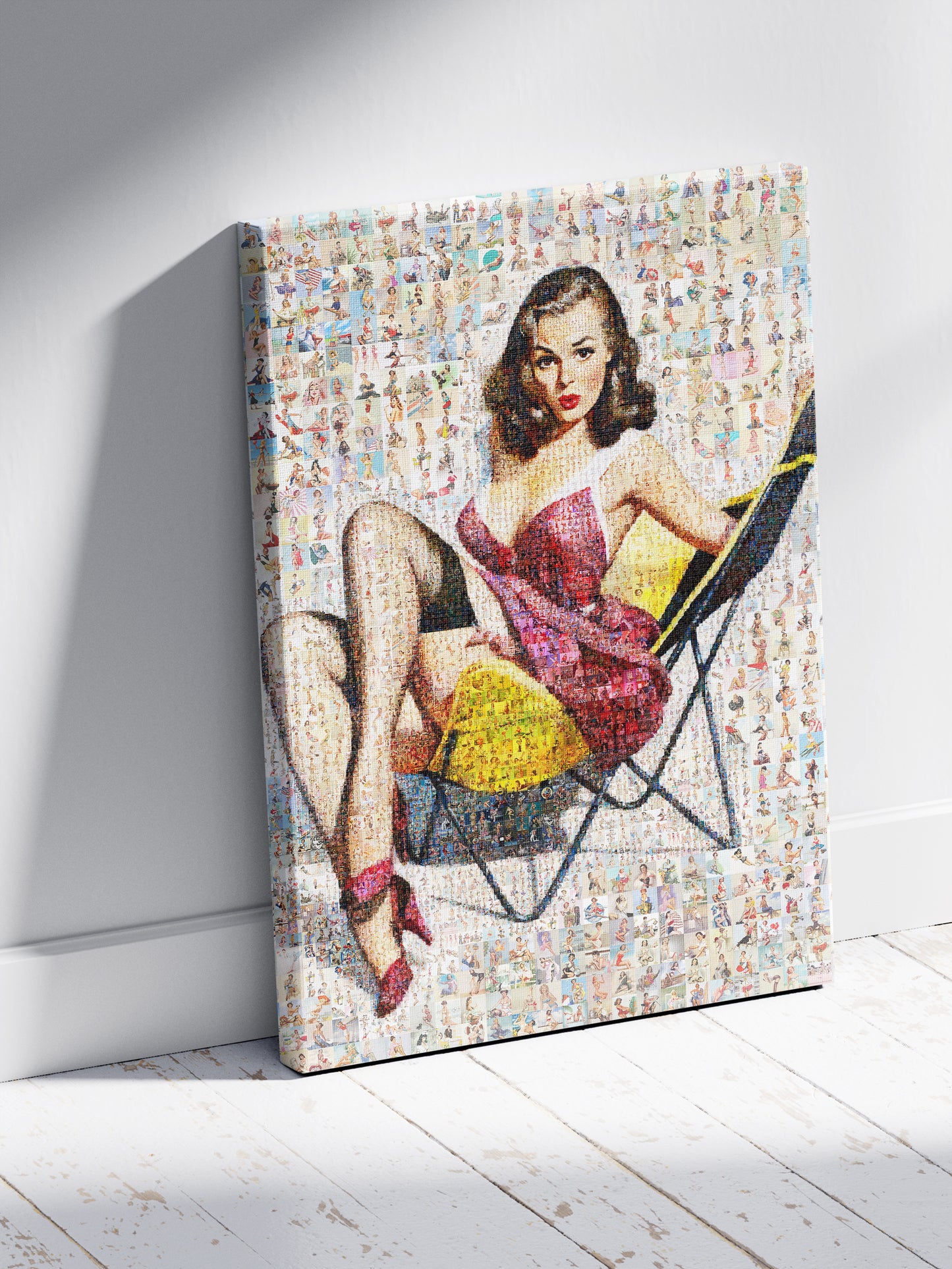 Retro Pin-Up Mosaic Poster – Glamorous Girl in Pink Dress, Vintage Wall Art Made from Classic Pin-Up Illustrations