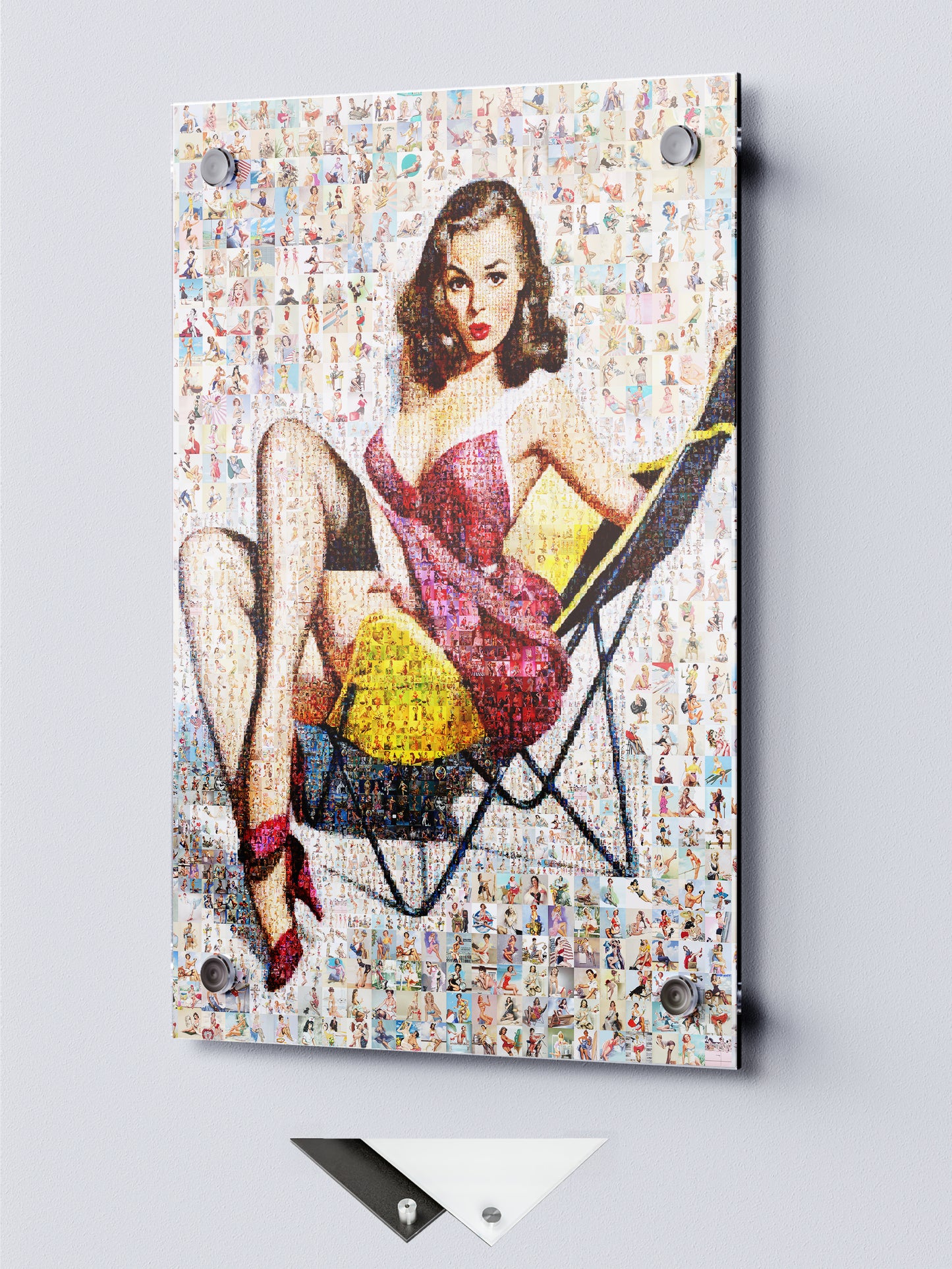 Retro Pin-Up Mosaic Poster – Glamorous Girl in Pink Dress, Vintage Wall Art Made from Classic Pin-Up Illustrations