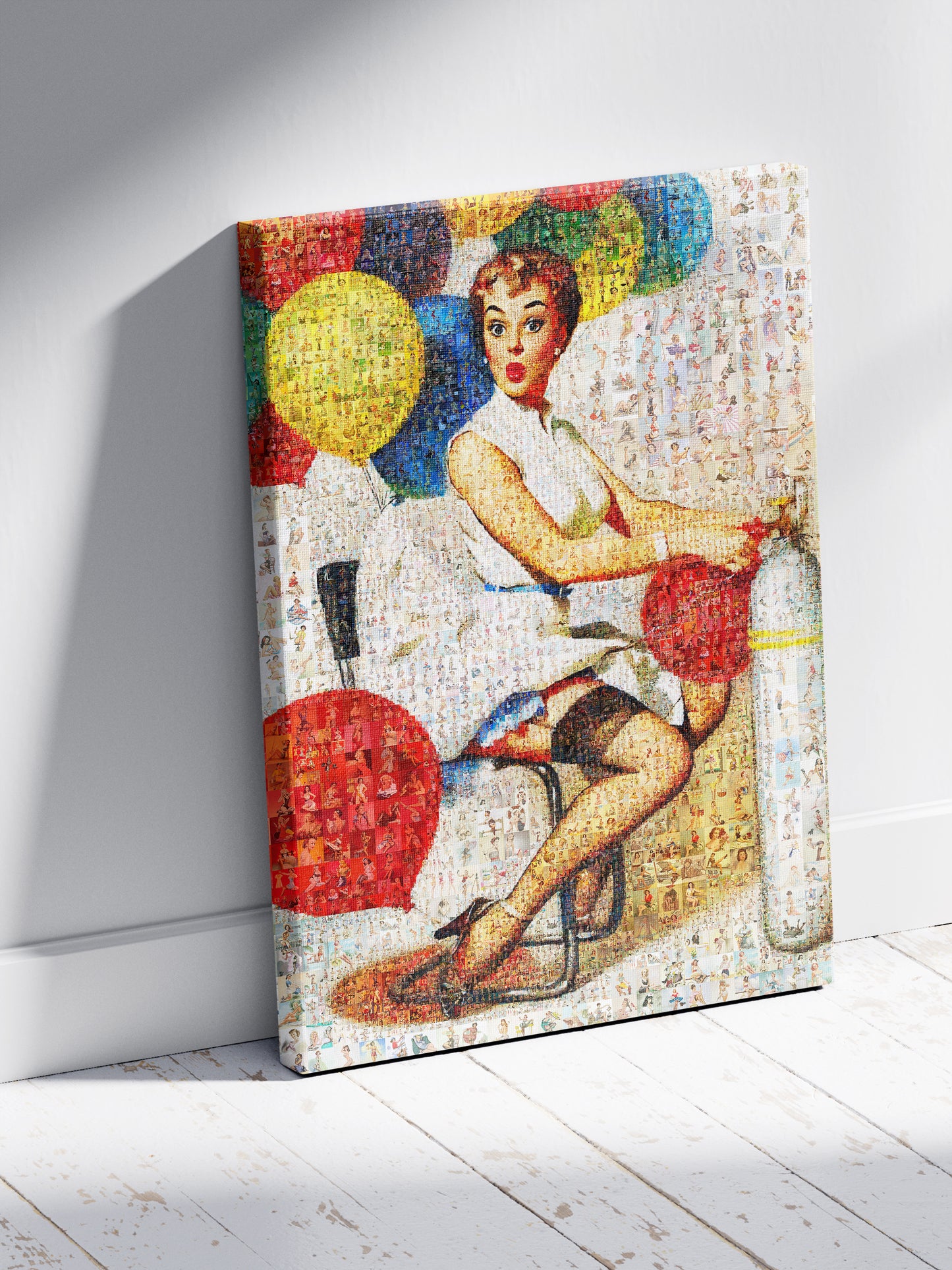 Playful Pin-Up Mosaic Poster – Retro Girl with Balloons, Vintage Wall Art Made from Classic Pin-Up Illustrations