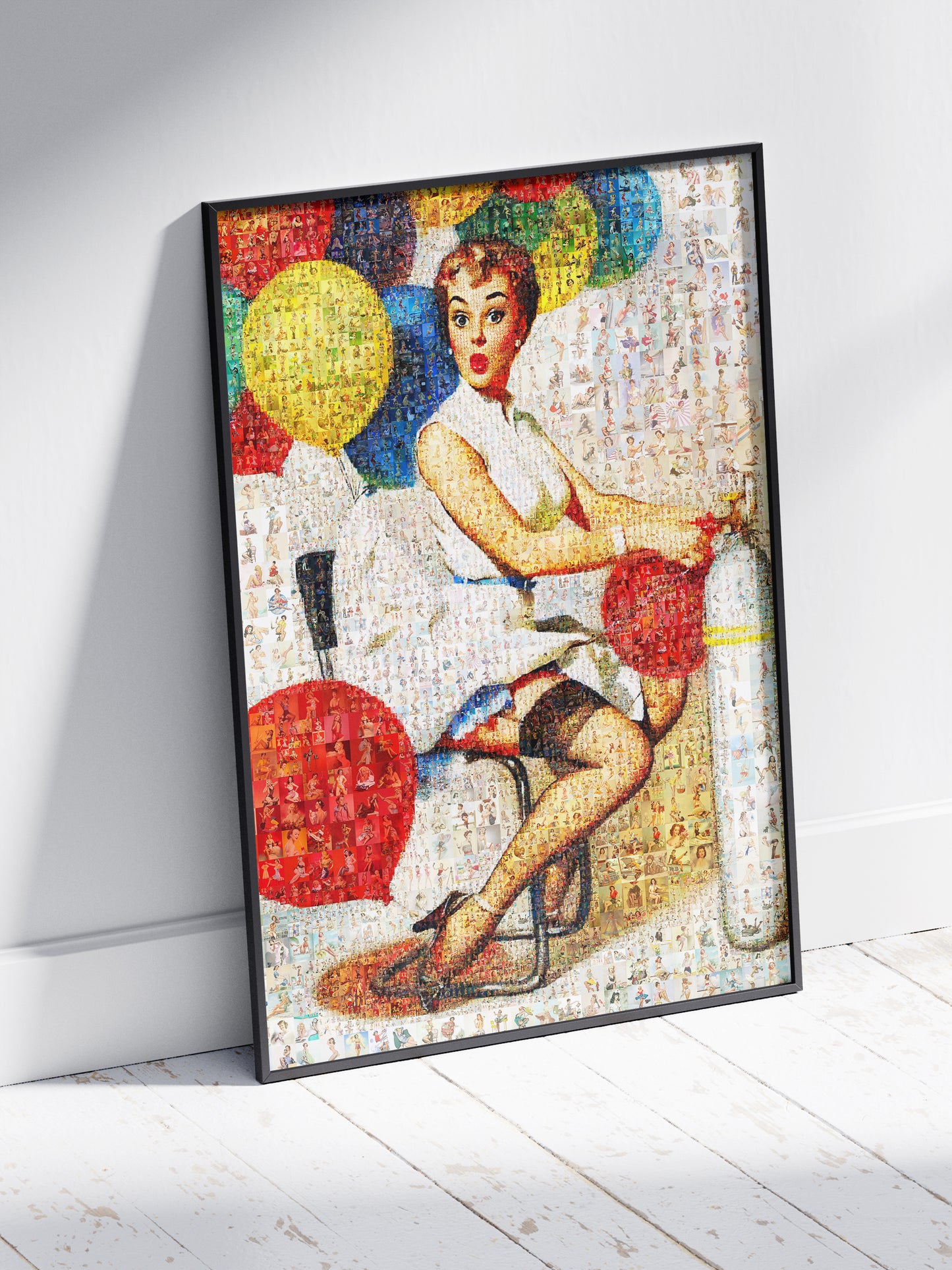 Playful Pin-Up Mosaic Poster – Retro Girl with Balloons, Vintage Wall Art Made from Classic Pin-Up Illustrations