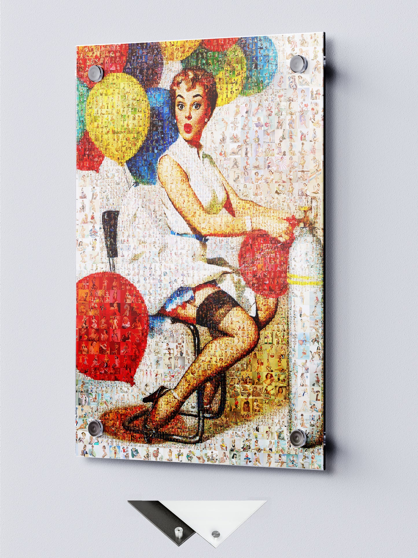 Playful Pin-Up Mosaic Poster – Retro Girl with Balloons, Vintage Wall Art Made from Classic Pin-Up Illustrations
