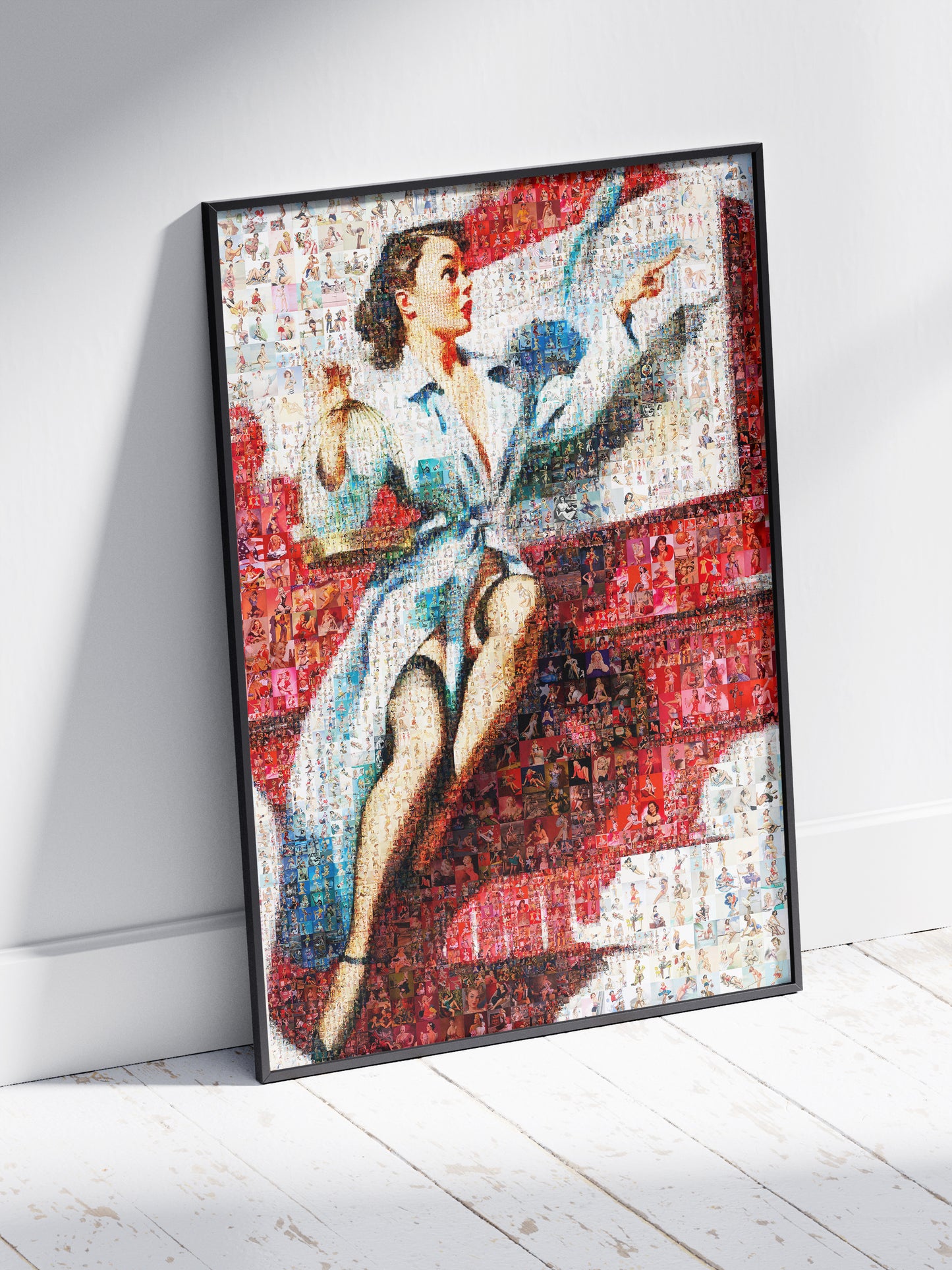 Dynamic Pin-Up Mosaic Poster – Retro Girl in Blue Shirt with Red Banner, Vintage Wall Art Made from Pin-Up Illustrations