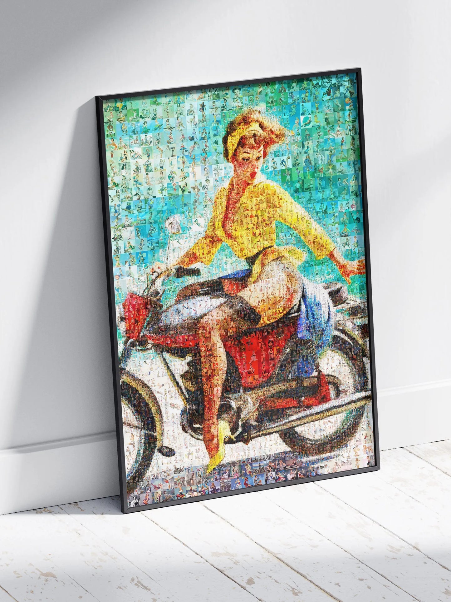 Custom mosaic art print of a woman on a motorcycle, handcrafted from many smaller photos, in black frame