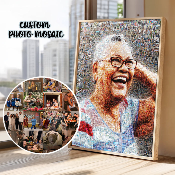 Memorial photo mosaic portrait created from family photographs as a lasting tribute