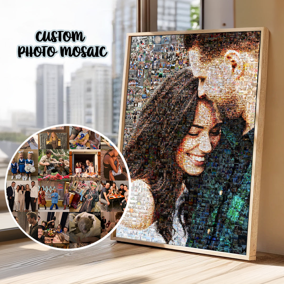 Custom anniversary photo mosaic portrait made from a couple’s shared photographs