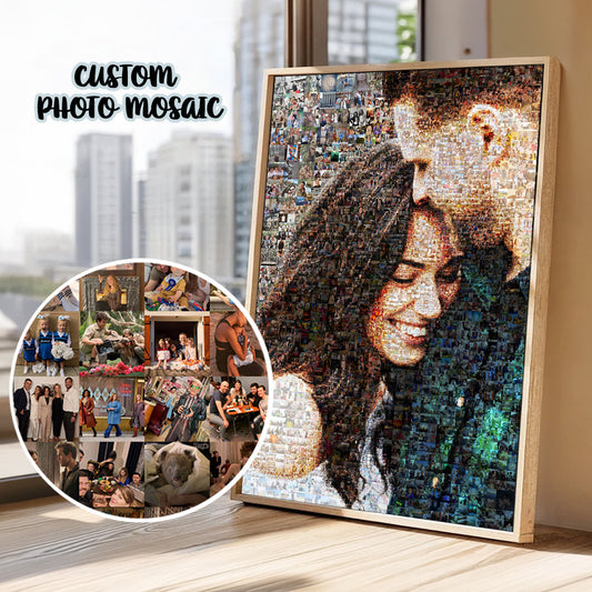 Custom anniversary photo mosaic portrait made from a couple’s shared photographs