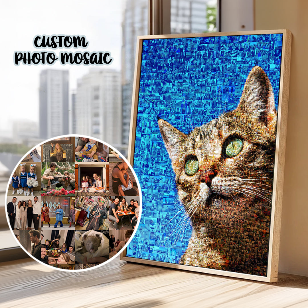 Custom pet memorial photo mosaic portrait made from treasured pet photographs