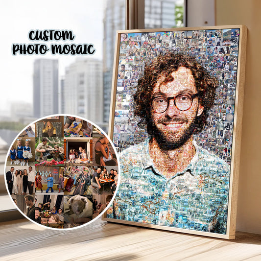 Romantic custom photo mosaic portrait created from a couple’s shared memories