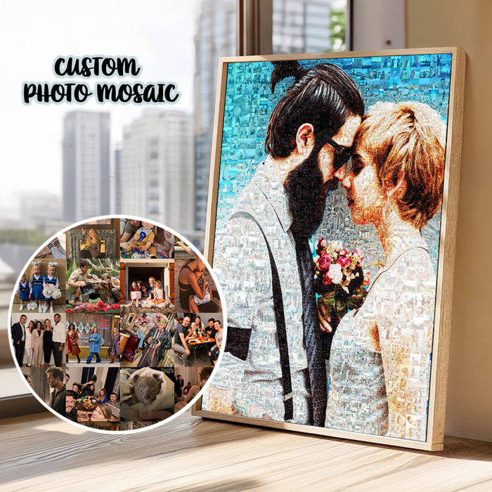 Custom photo mosaic showing hundreds of small photographs forming one main portrait