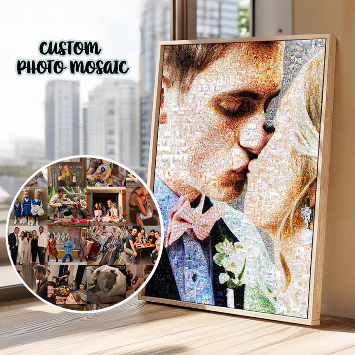 Personalized wedding photo mosaic made from engagement, family and wedding photographs