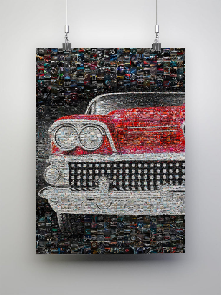 Custom photo mosaic poster of a classic red car, made from hundreds of smaller images, displayed on wall