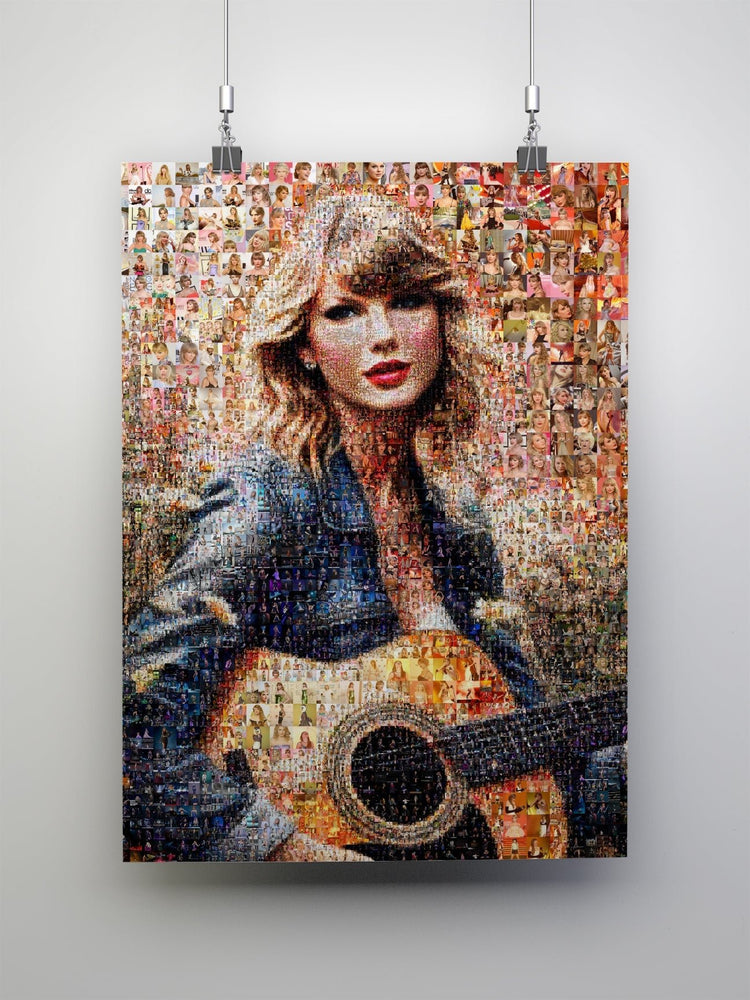 Custom mosaic portrait of a woman with guitar made from hundreds of smaller photos, AtelierMosaics