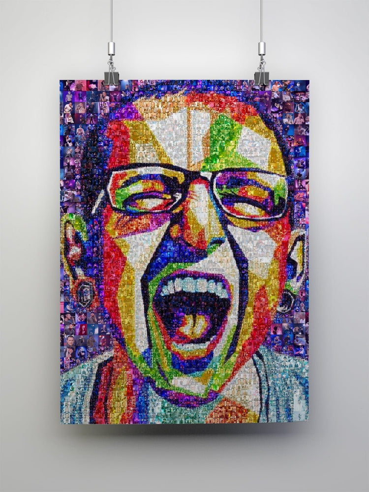 Vibrant custom mosaic portrait from AtelierMosaics, made of 300+ small photos, wall art