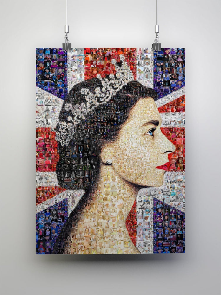 Custom photo mosaic portrait of a woman with tiara, Union Jack background, AtelierMosaics