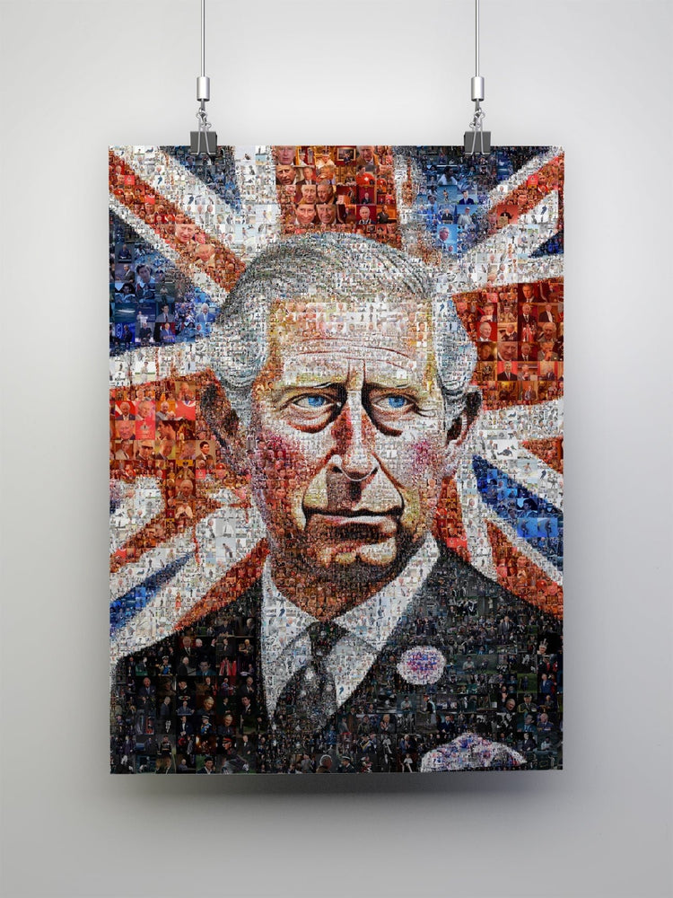 Custom photo mosaic portrait with Union Jack background, handcrafted from 300+ small images, AtelierMosaics