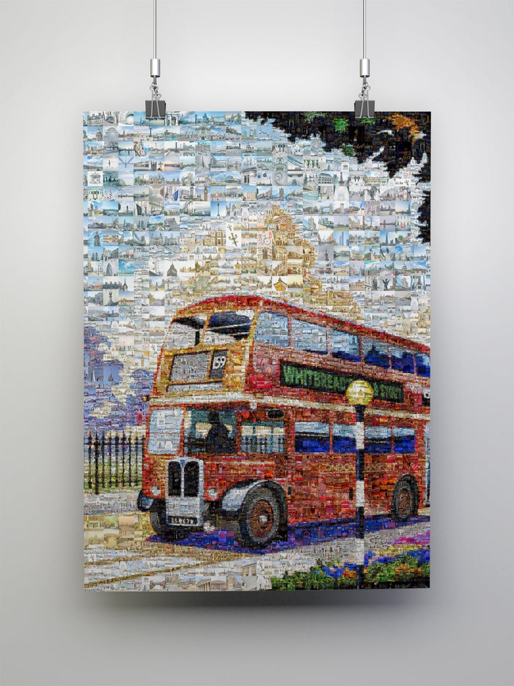 Custom mosaic art of a red London bus made from many small photos, wall decor by AtelierMosaics