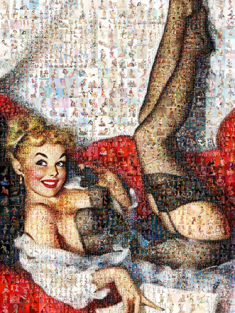 Custom mosaic art of a smiling woman in stockings, created from hundreds of vintage pin-up photos