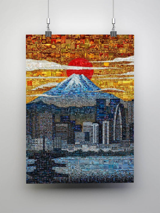 Tokyo Mount Fuji city skyline sunrise mosaic art - Japanese canvas wall decor