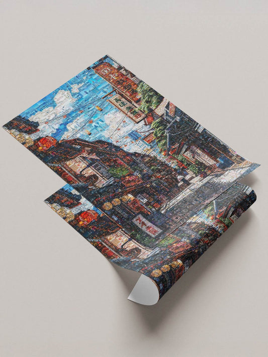 Tokyo morning street Japanese mosaic canvas - Japanese city wall art
