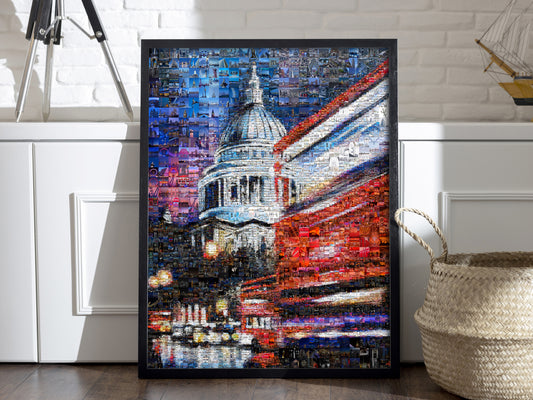 London Cityscape Painting with Red Double Decker Bus, Travel Art Print, Urban Wall Decor